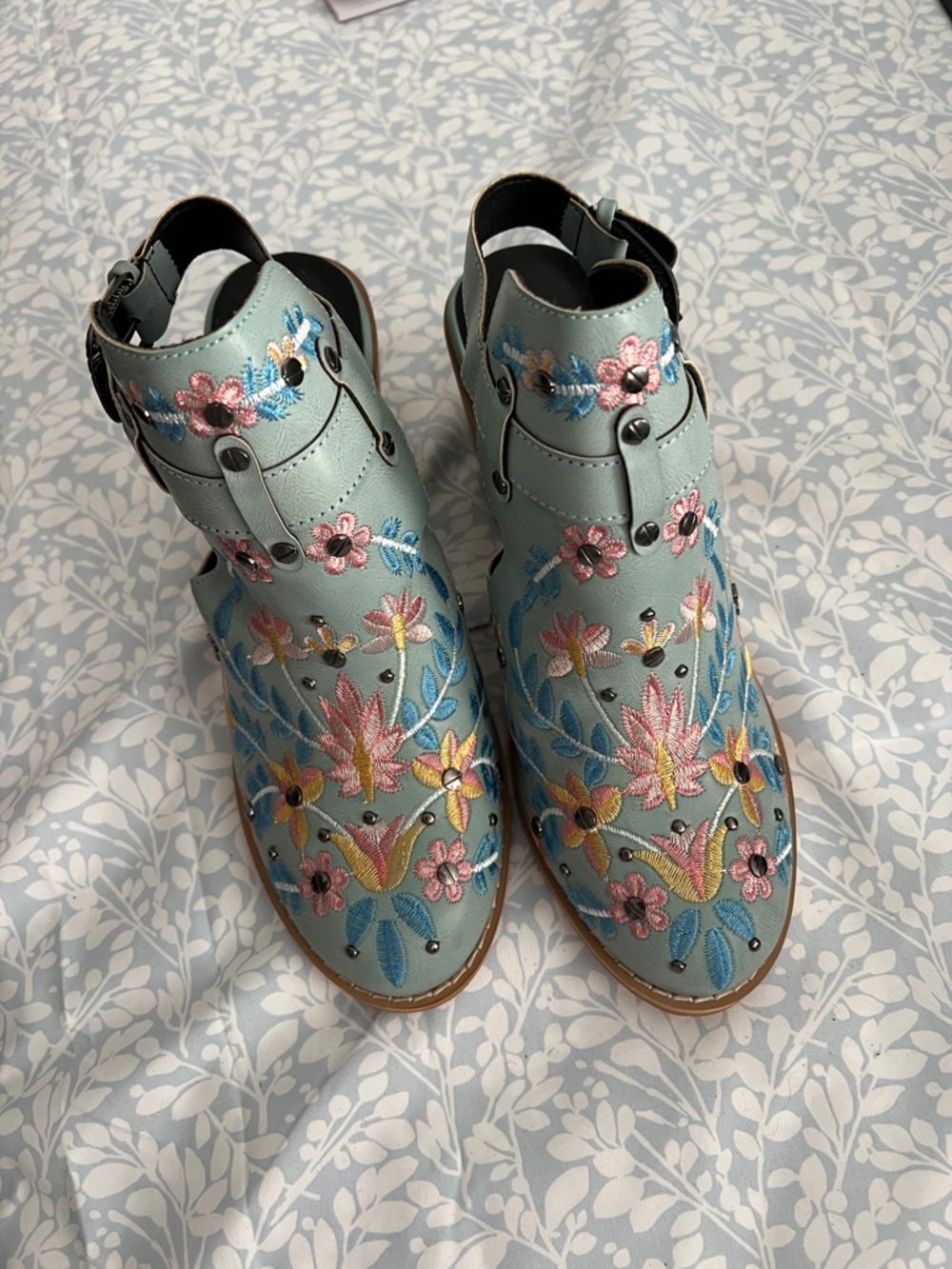 Embroidered Mint Floral Ankle Boots - Women